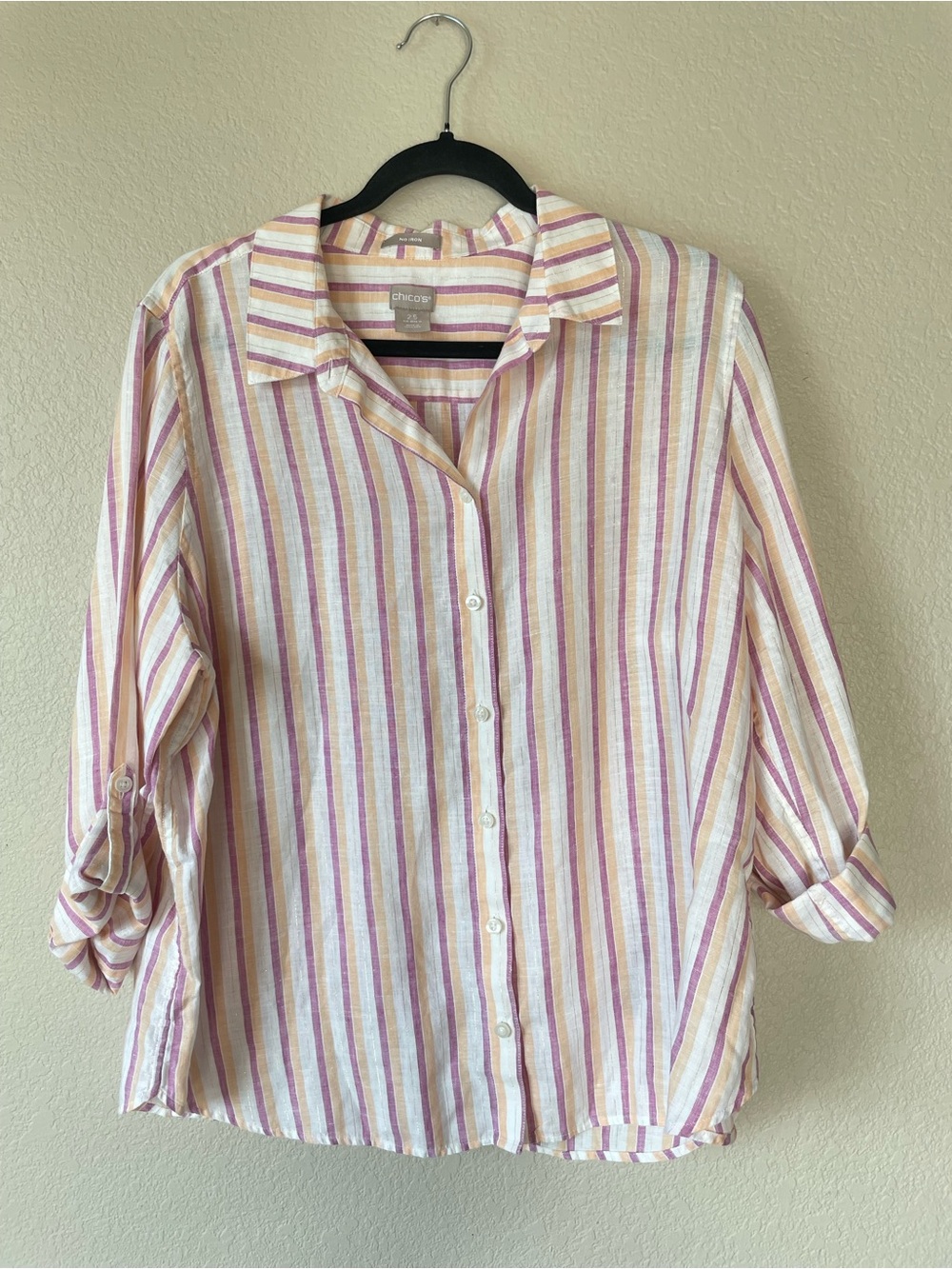 Chico’s 2.5 Linen Blend Striped Button Down Purple Orange Gold Plus Size